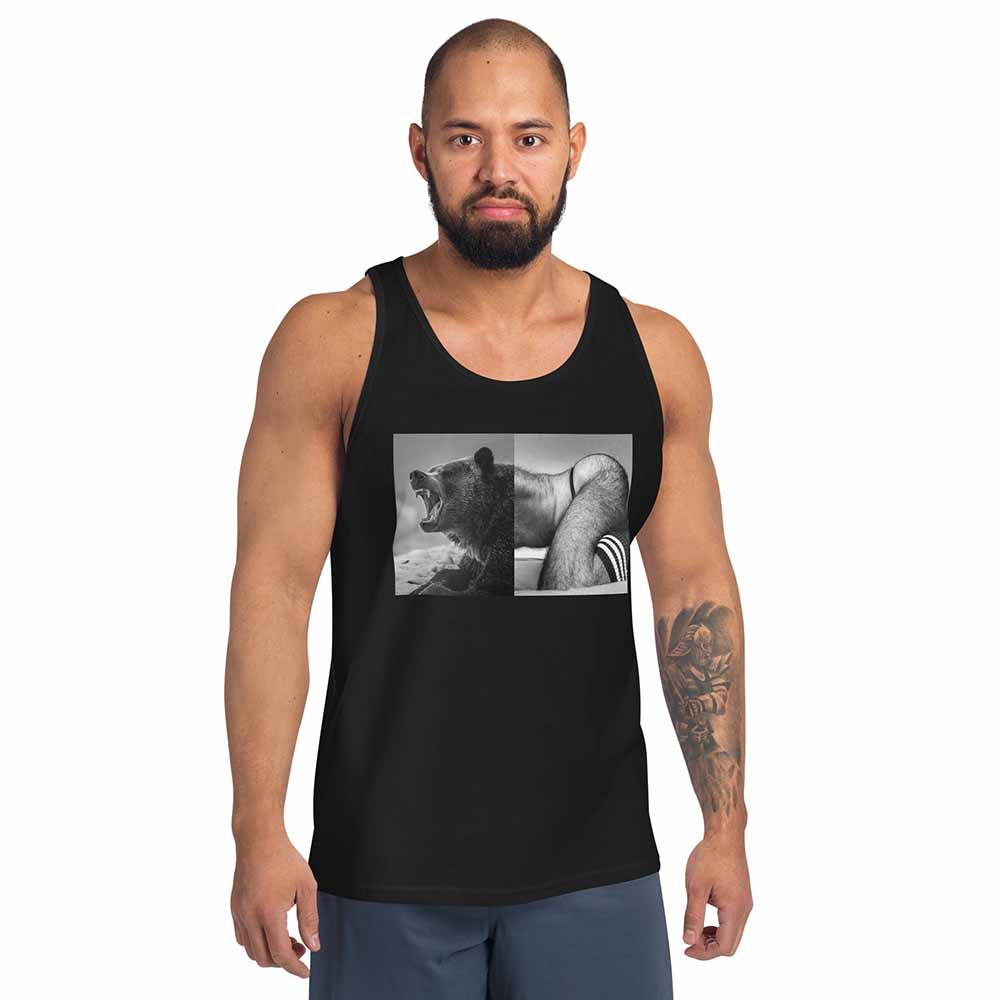 Naro Pinosa Growling Bear Black Tank on man