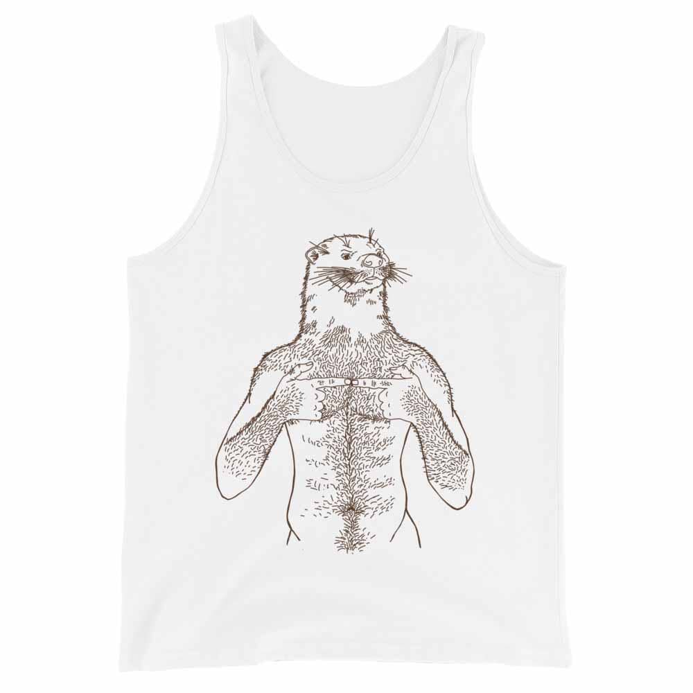 White tank top with a brown otter illustration on a white background