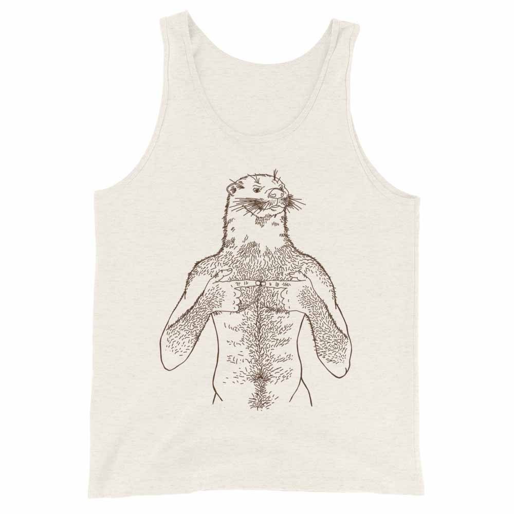 oatmeal tan Tank top with a graphic of a stylized otter on a white background