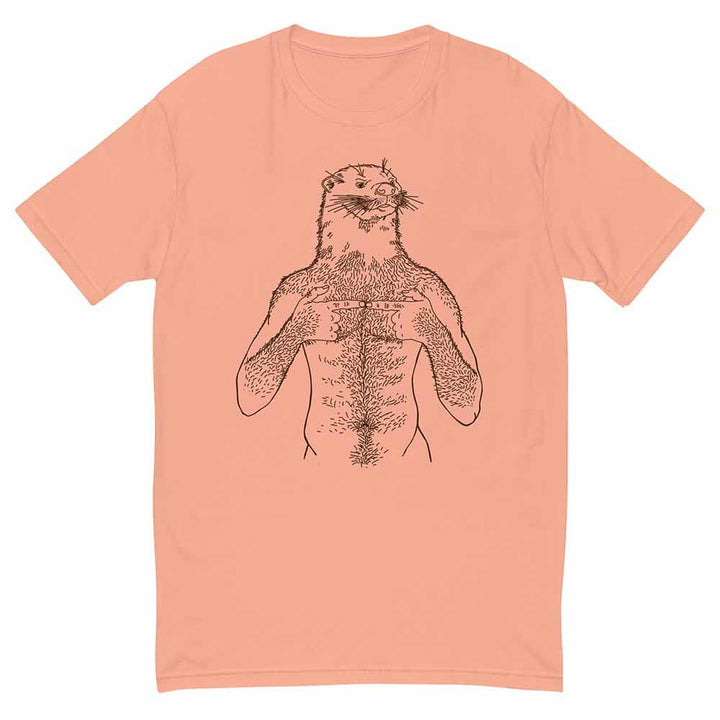 Peach t-shirt with a brown ink design of a ottery man on a white background