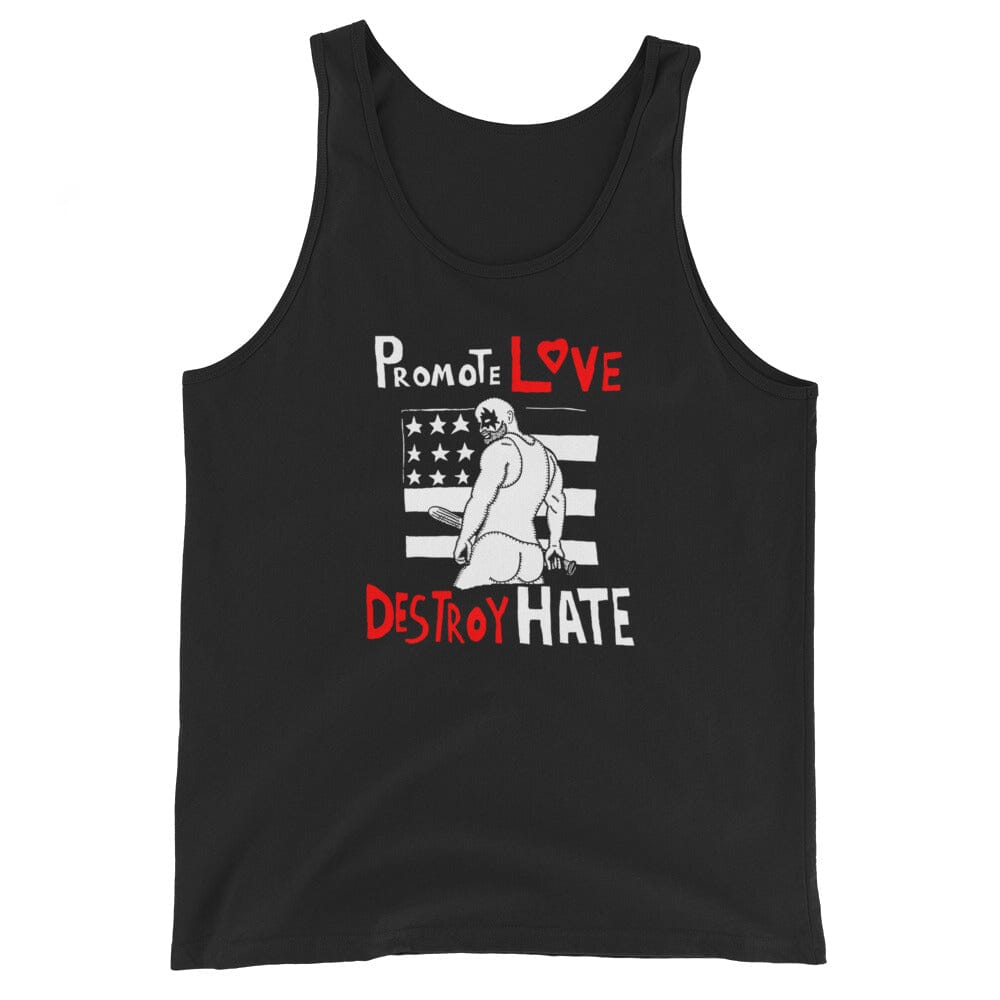 Black tank top with graphic design and text on a white background