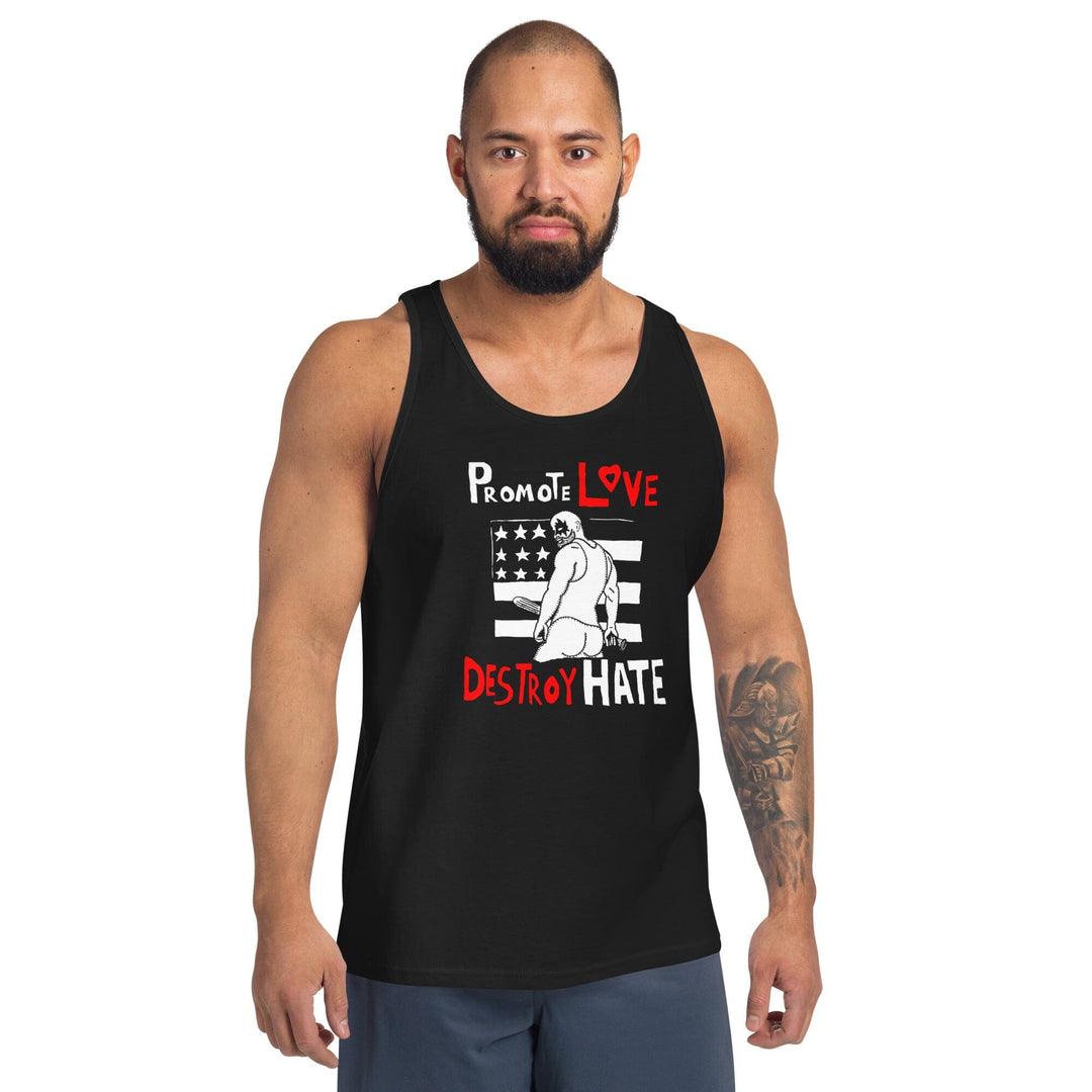 Man wearing a black tank top with a graphic design on a white background