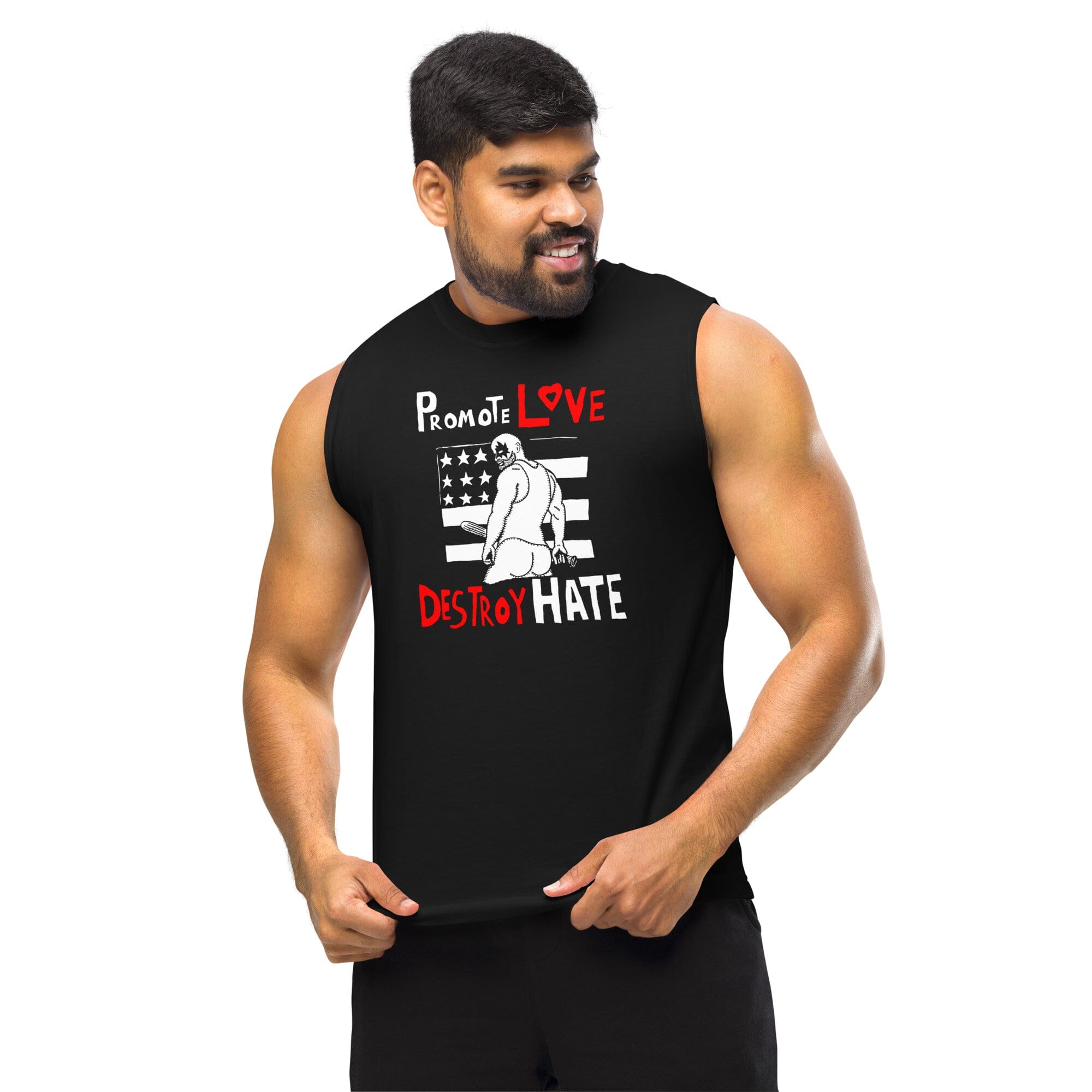 Man wearing a black sleeveless shirt with a graphic design and text on a white background