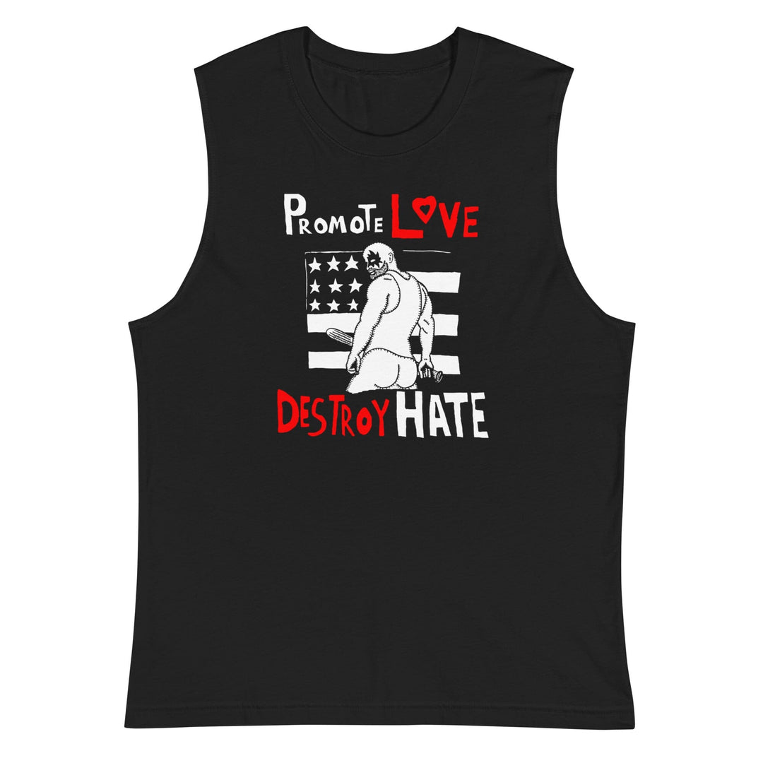 Black sleeveless shirt with graphic design and text on a white background