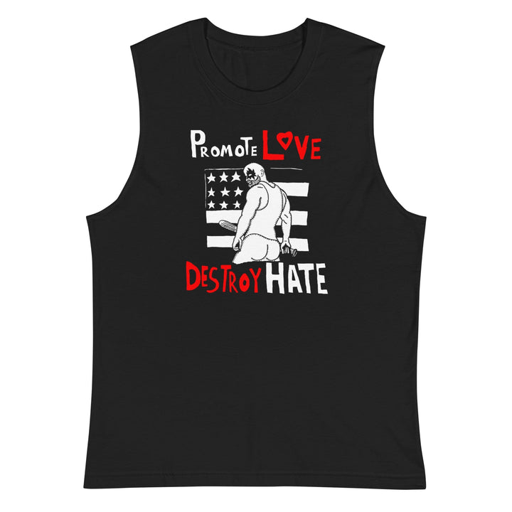 Black sleeveless shirt with graphic design and text on a white background