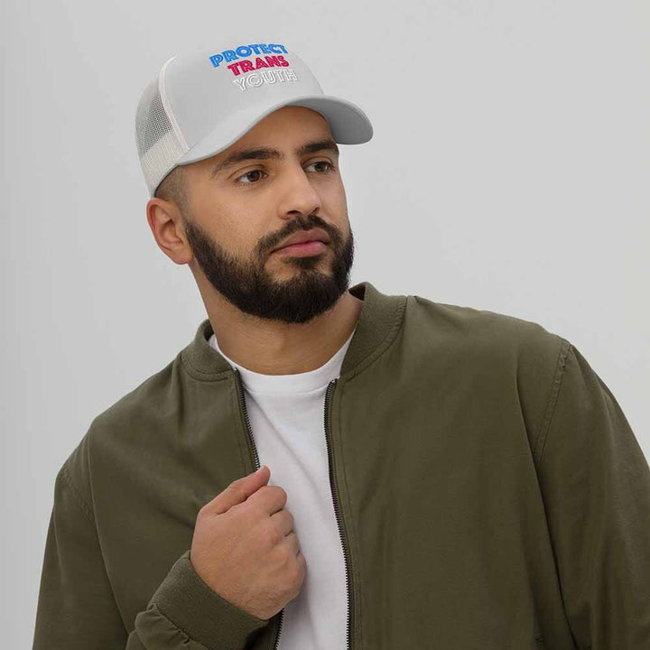 Protect Trans Youth Mesh Snapback silver on man