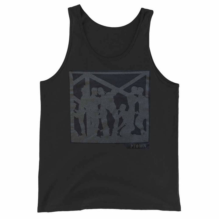 Black tank top with graphic design on a white background