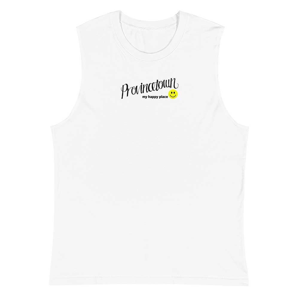 White sleeveless shirt with text and smiley face on a white background