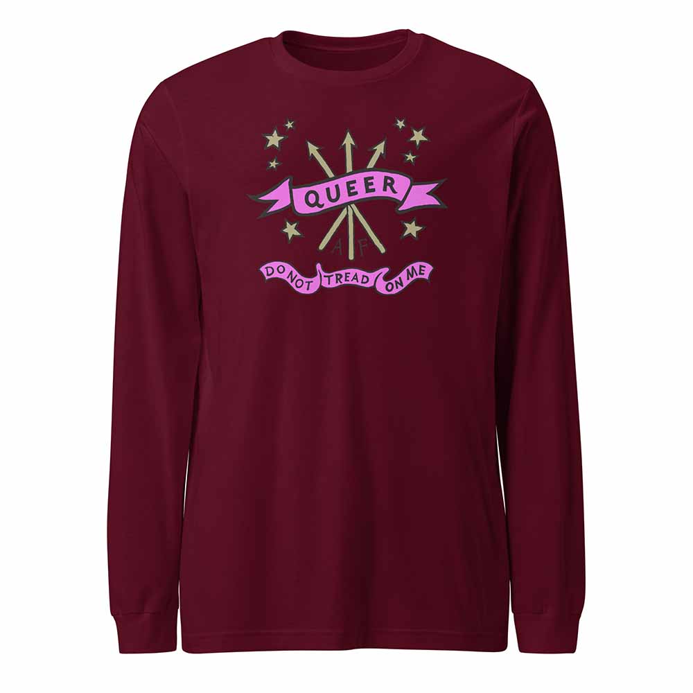 Maroon long-sleeve shirt with 'Queer Do Not Tread On Me' graphic design on a white background