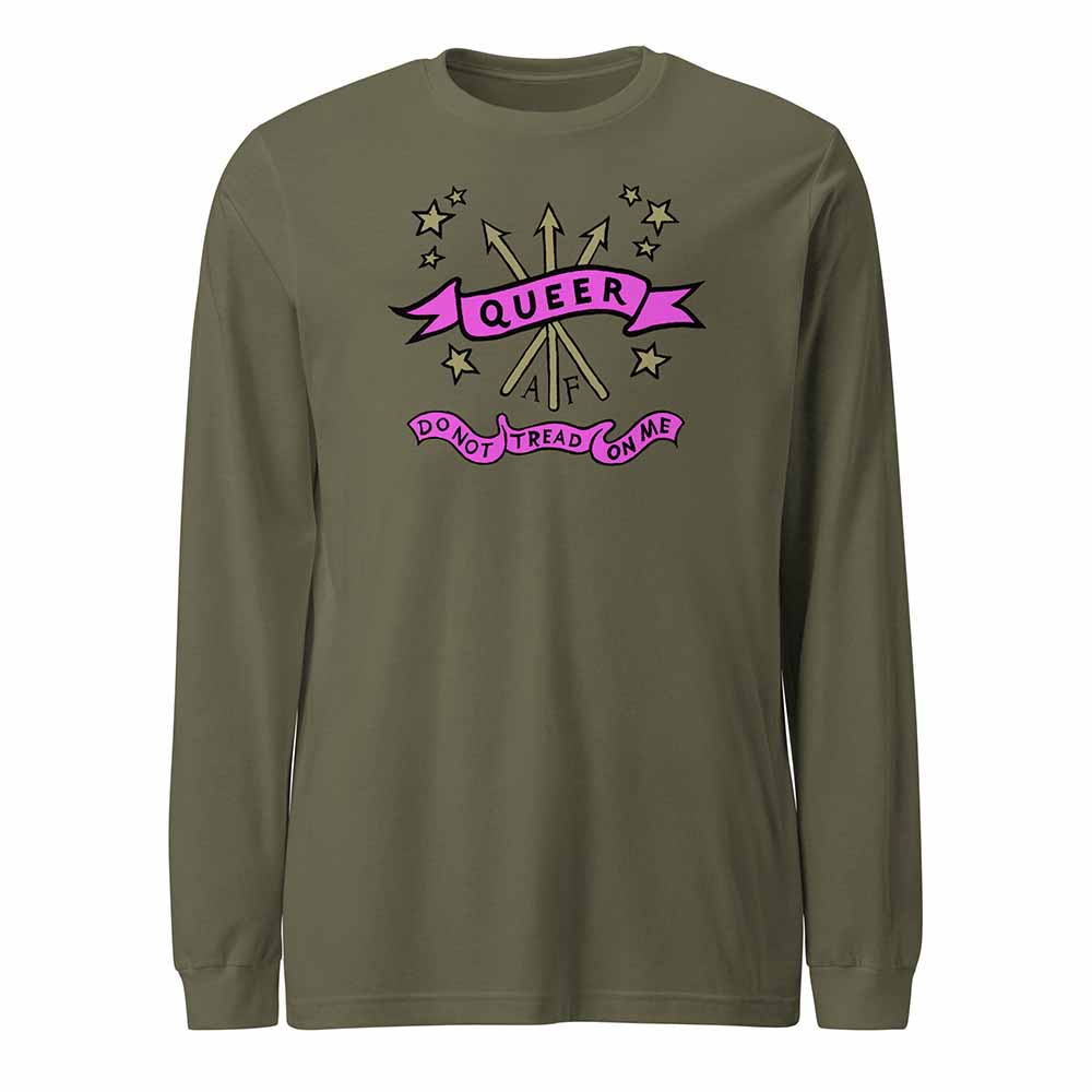 Green long-sleeve shirt with 'Queer Do Not Tread On Me' graphic on a white background