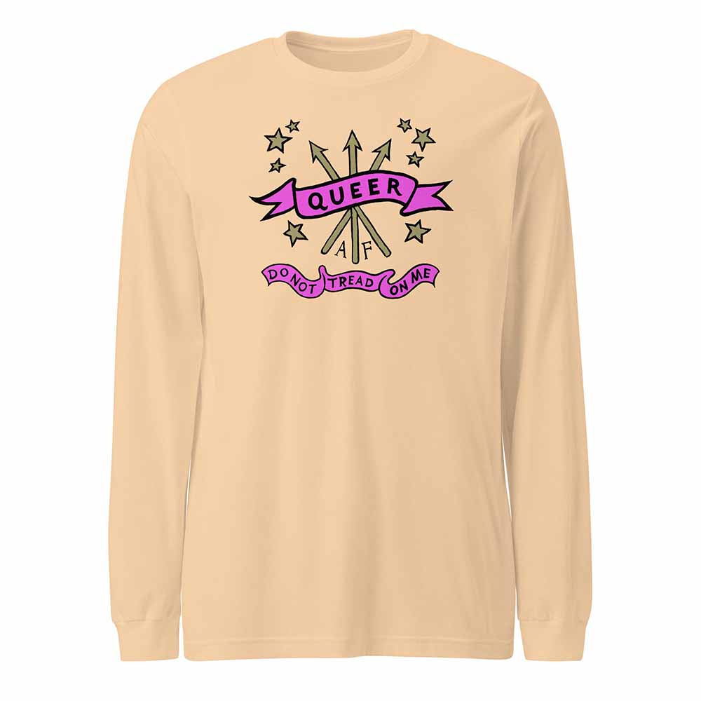 Beige long-sleeve shirt with 'Queer Do Not Tread On Me' graphic design on a white background