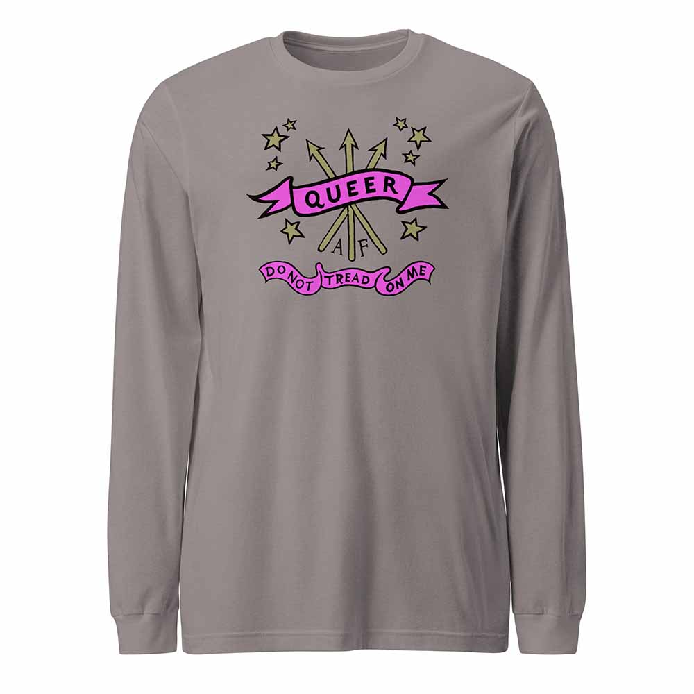 Gray long-sleeve shirt with 'Queer Do Not Tread On Me' graphic design on a white background