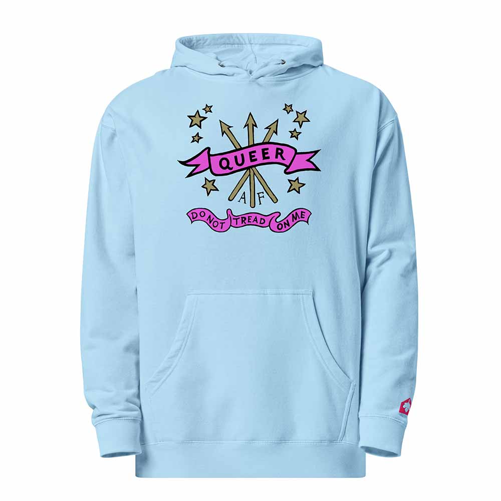 Light blue hoodie with 'Queer AF' graphic design on a white background