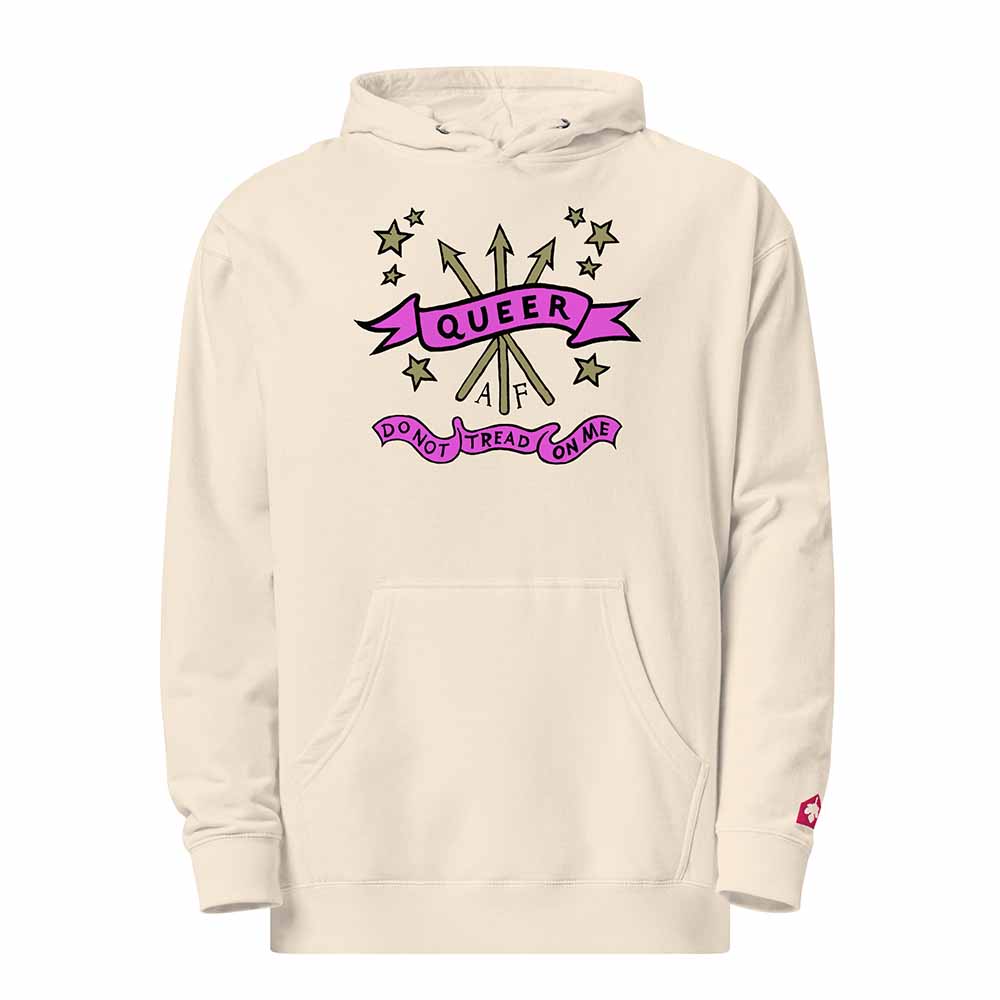 Beige hoodie with 'Queer AF' graphic design on a white background