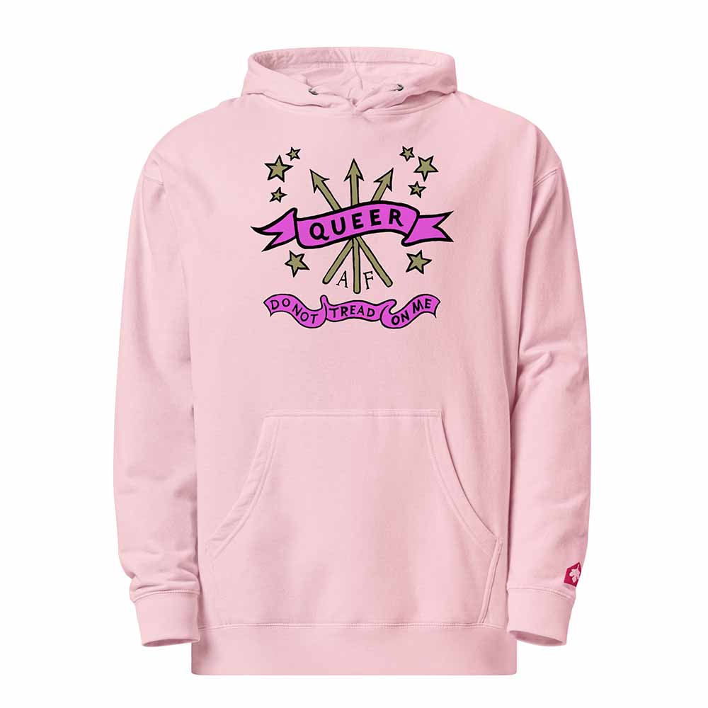 Pink hoodie with 'Queer AF' graphic design on a white background