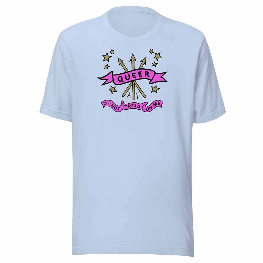 Light blue t-shirt with 'Queer' and 'Do Not Tread On Me' graphics on a white background