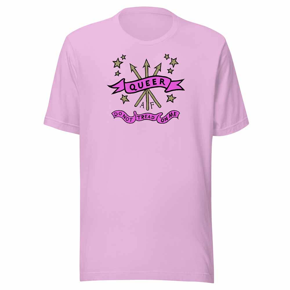 Pink t-shirt with 'Queer' and 'Do Not Tread On Me' graphics on a white background