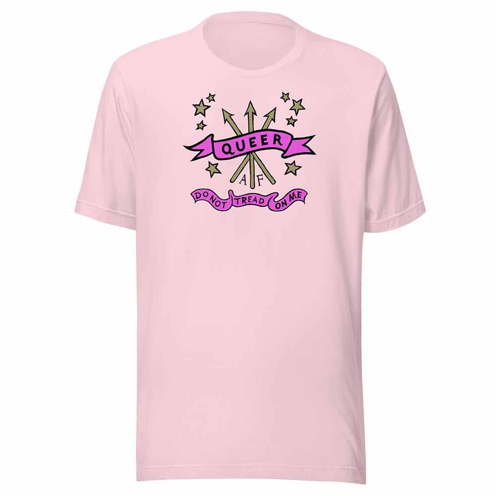 light Pink t-shirt with 'Queer AF' graphic design on a white background