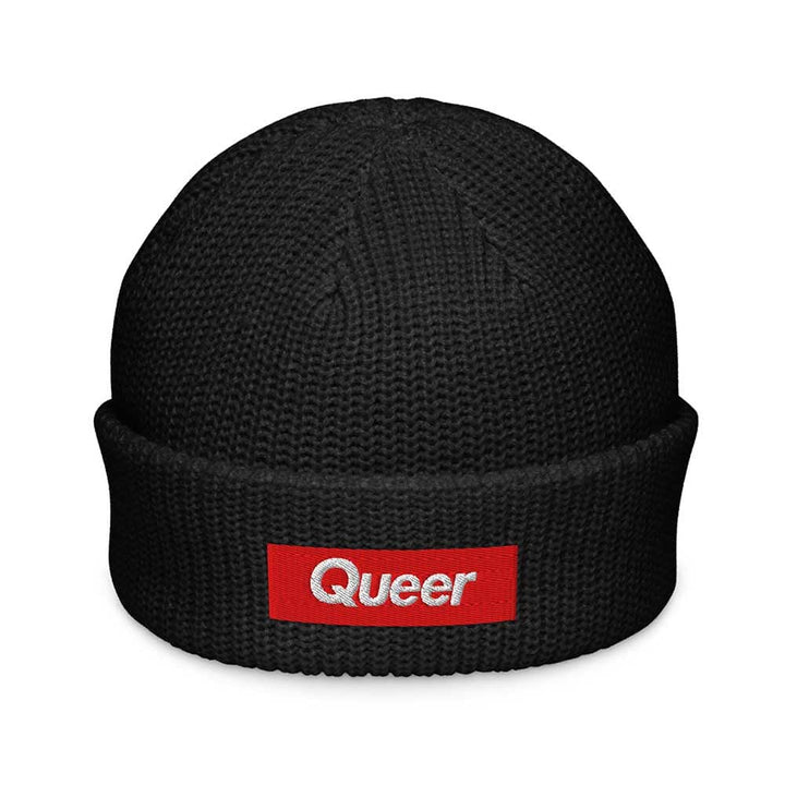 Black beanie with a red &