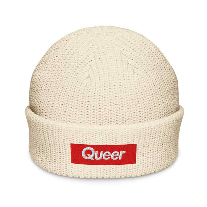 IVORY knit beanie with a red &