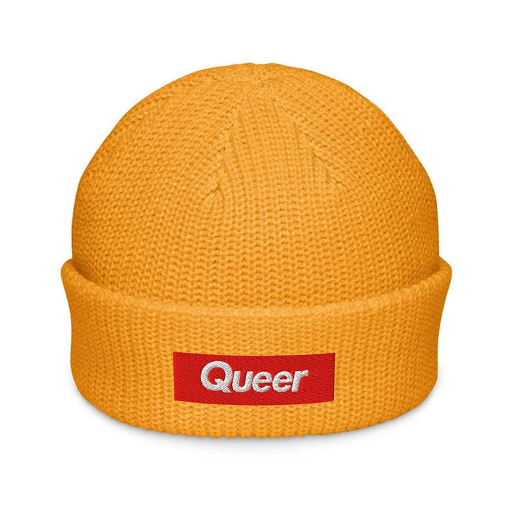 Gold beanie with a red &