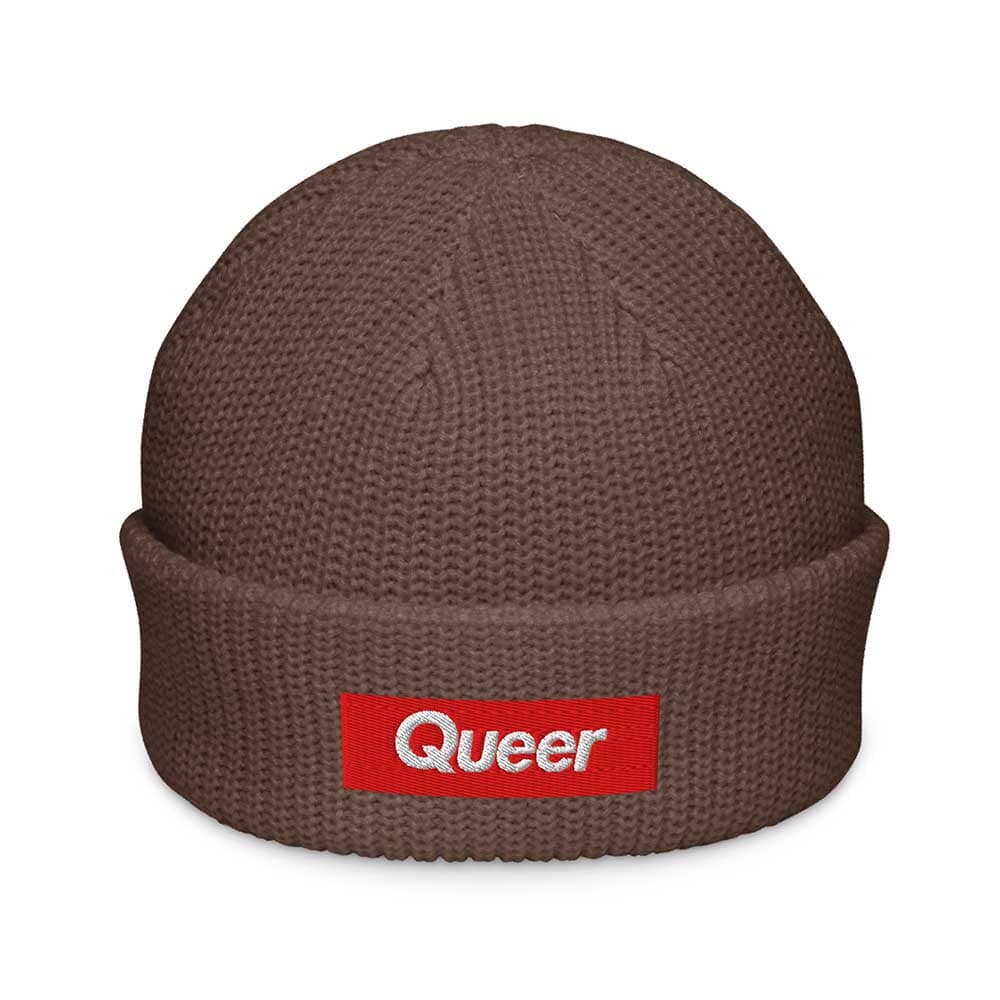 Brown beanie with a red &