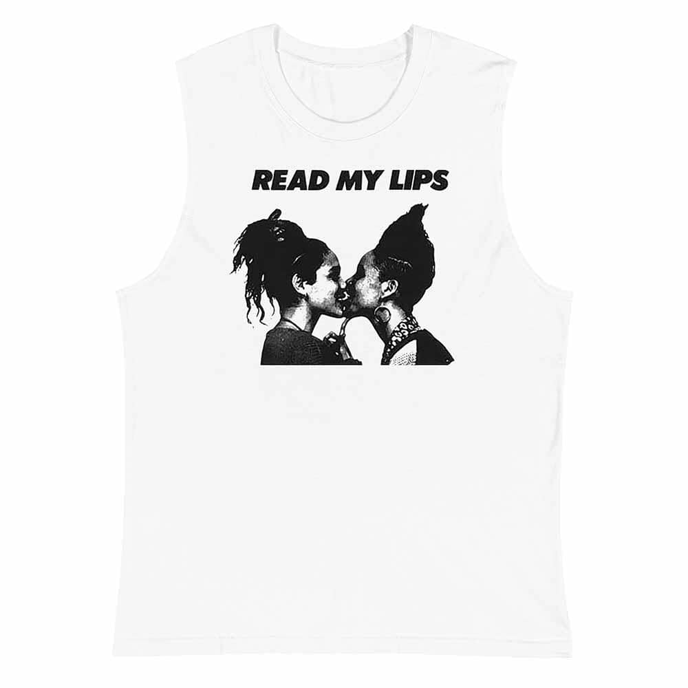 White tank top with gran fury graphic of two women kissing and 'Read My Lips' text on a white background