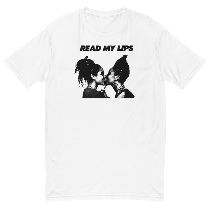 White t-shirt with black gran fury graphic of two women kissing and &
