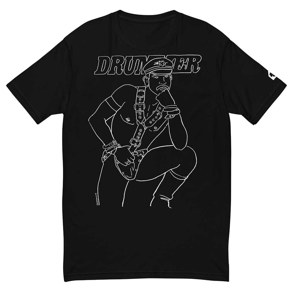 Line drawing of drummer magazine cover in white on a black t-shirt