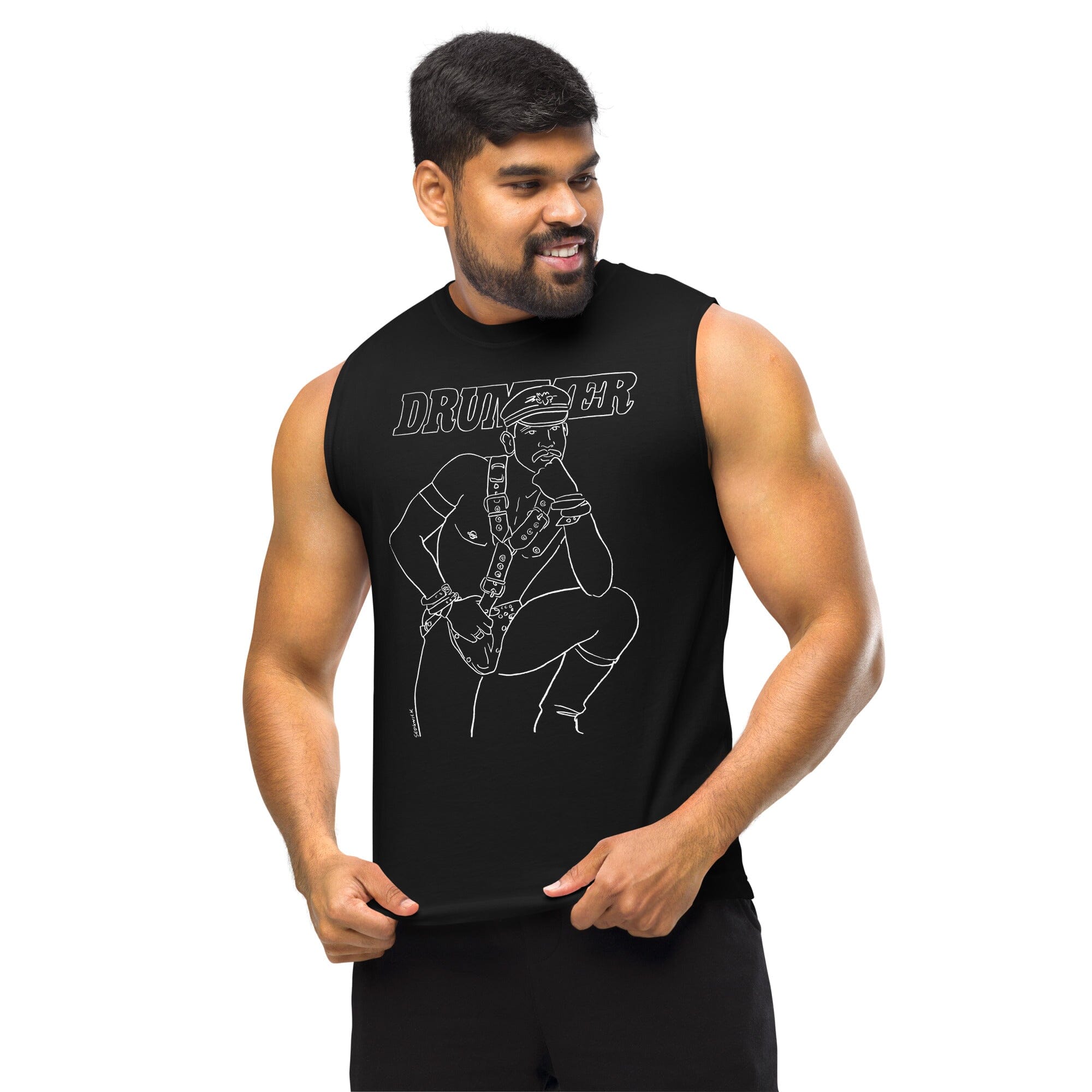 Line drawing of drummer magazine cover in white on a black sleeveless t-shirt on man
