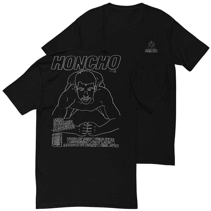 honcho man kneeling white drawing on black tee