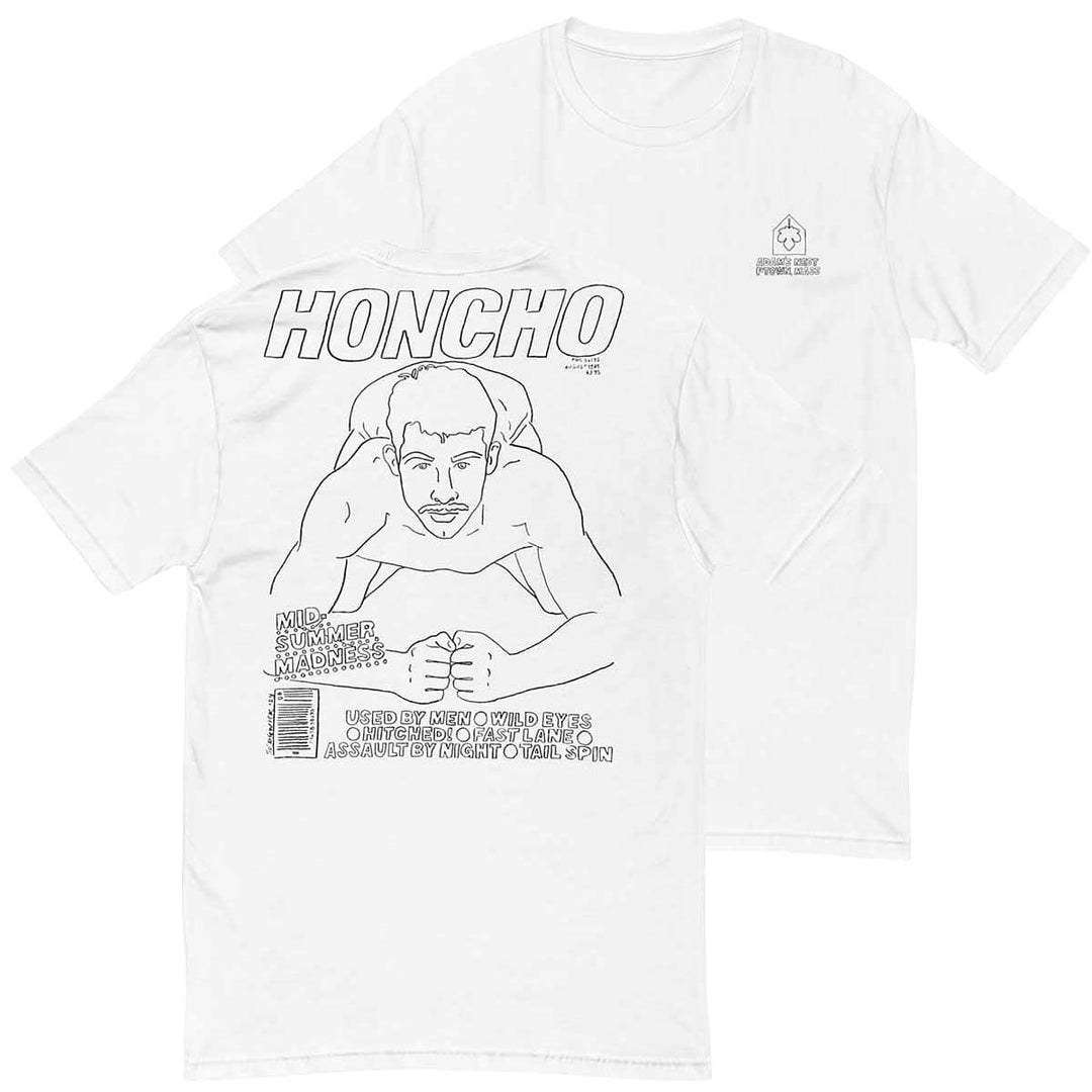 honcho man kneeling black drawing on white tee