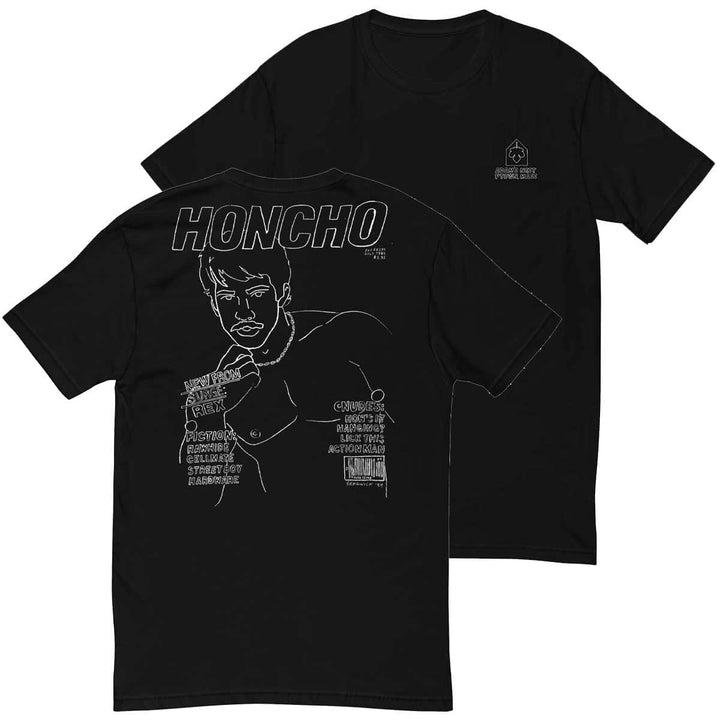 honcho white male drawing on black t-shirt