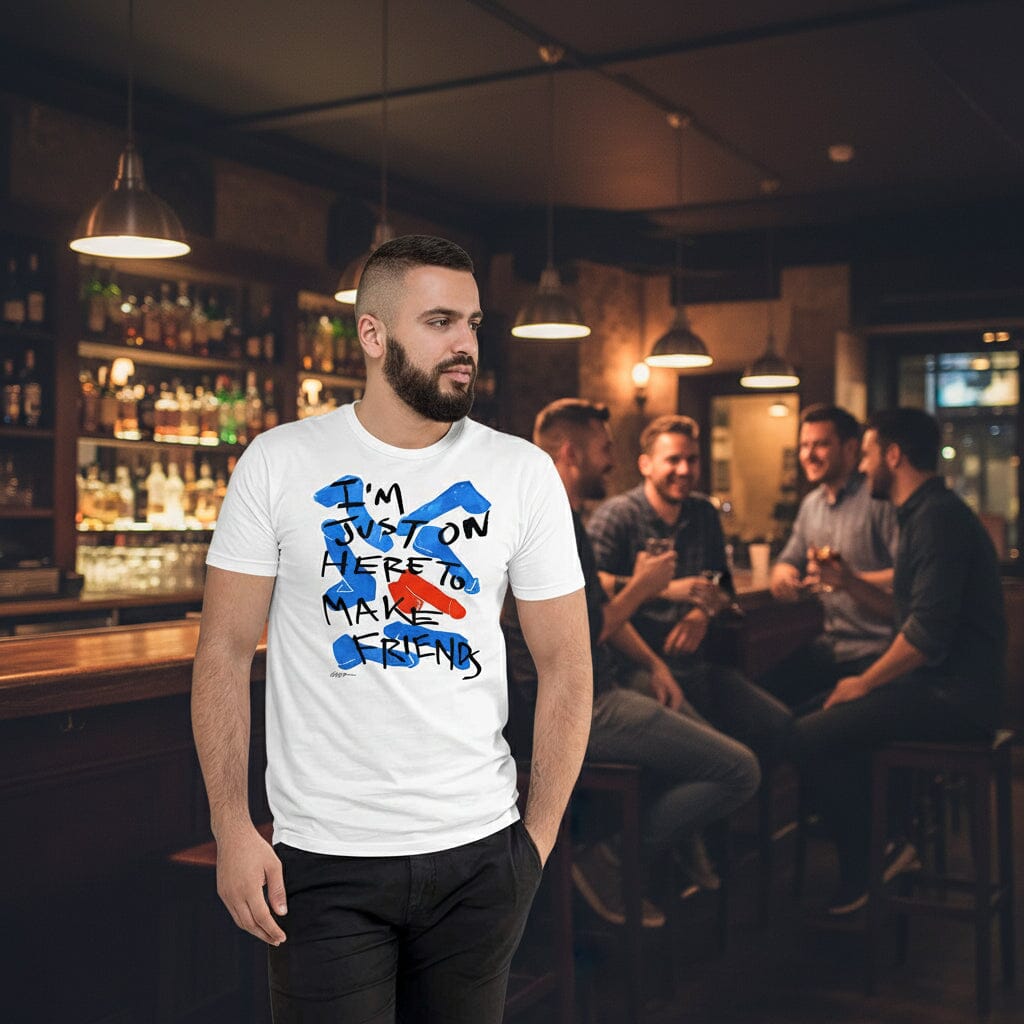 Man wearing a white t-shirt with colorful text design on a white background
