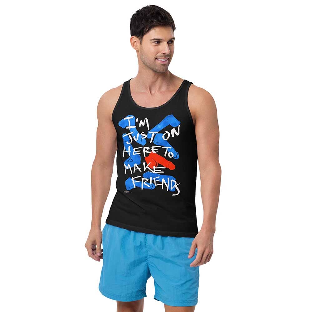 Man wearing a black tank top with colorful text and blue shorts on a white background