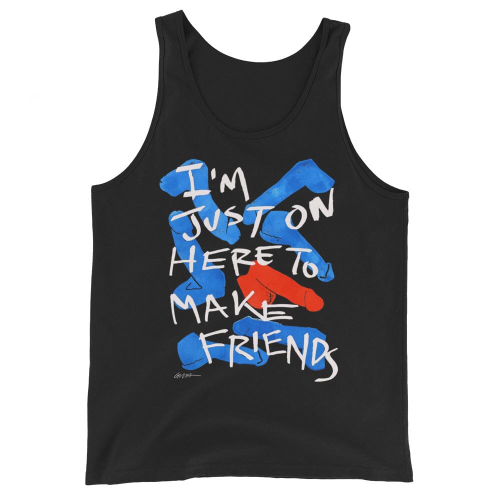 Black tank top with colorful text design on a white background