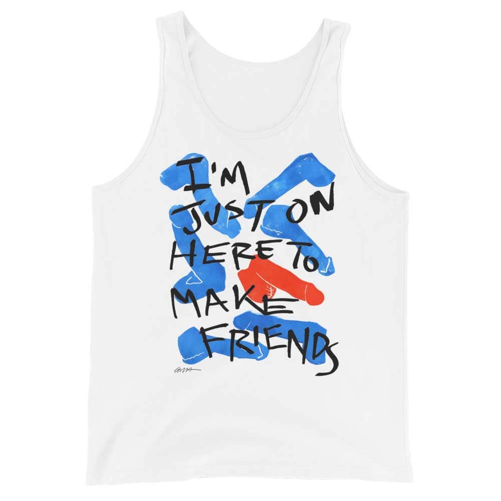 White tank top with colorful text design on a white background