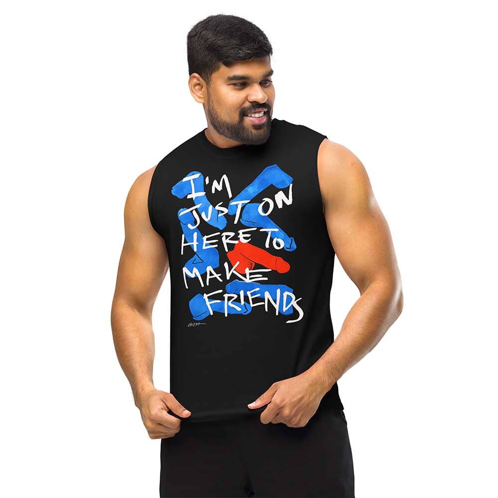 Man wearing a black sleeveless shirt with colorful text design on a white background