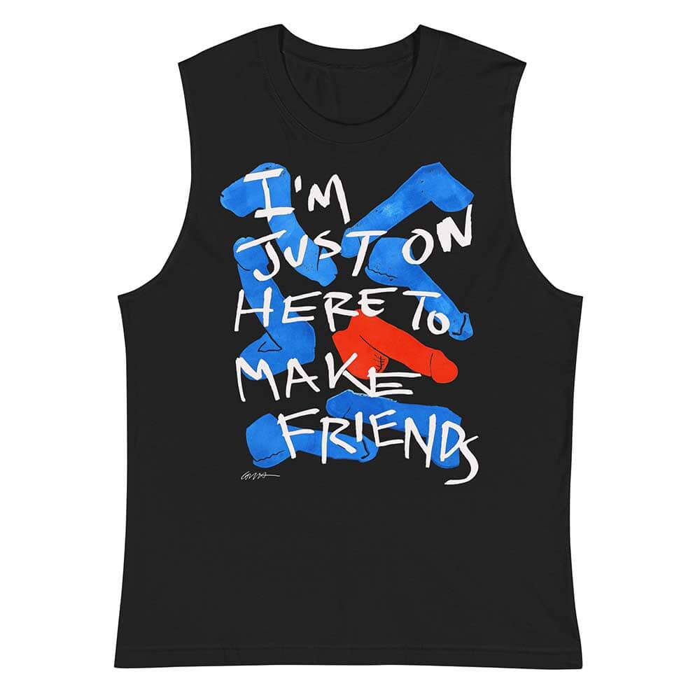 Black sleeveless shirt with blue and red text design on a white background