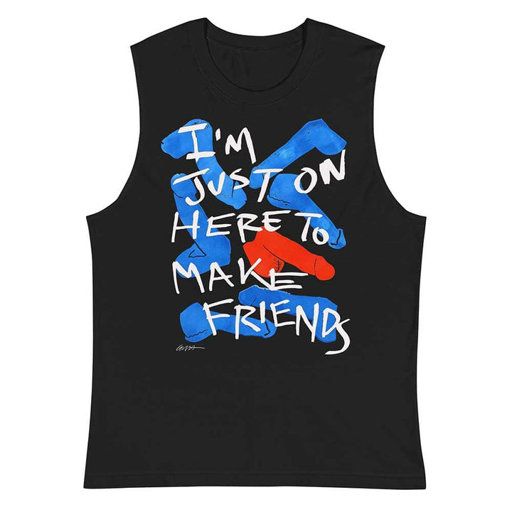 Black sleeveless shirt with blue and red text design on a white background