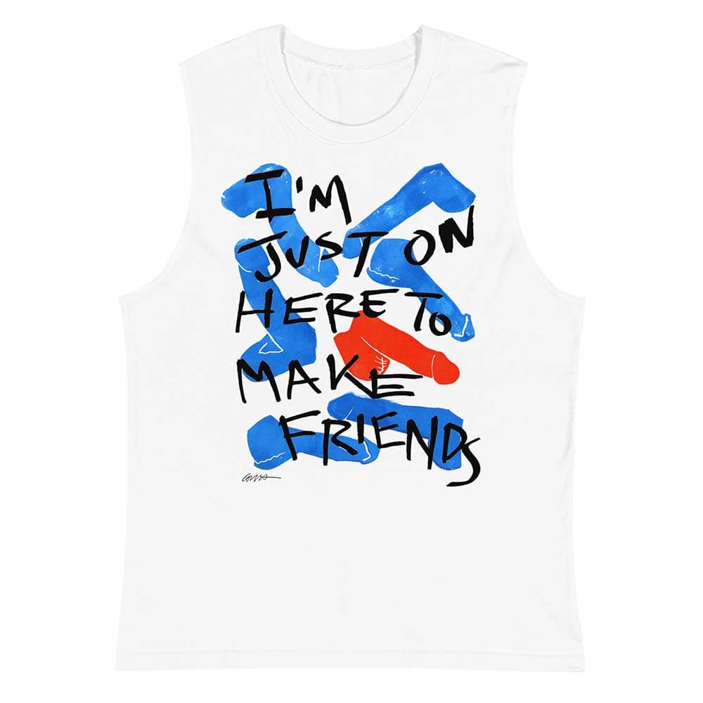 White sleeveless shirt with colorful graphic and text on a white background