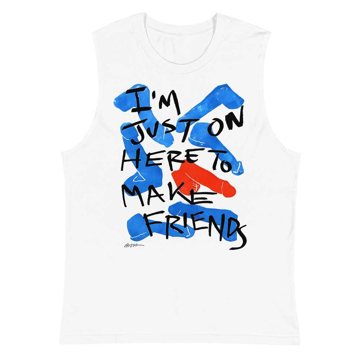 White sleeveless shirt with colorful graphic and text on a white background