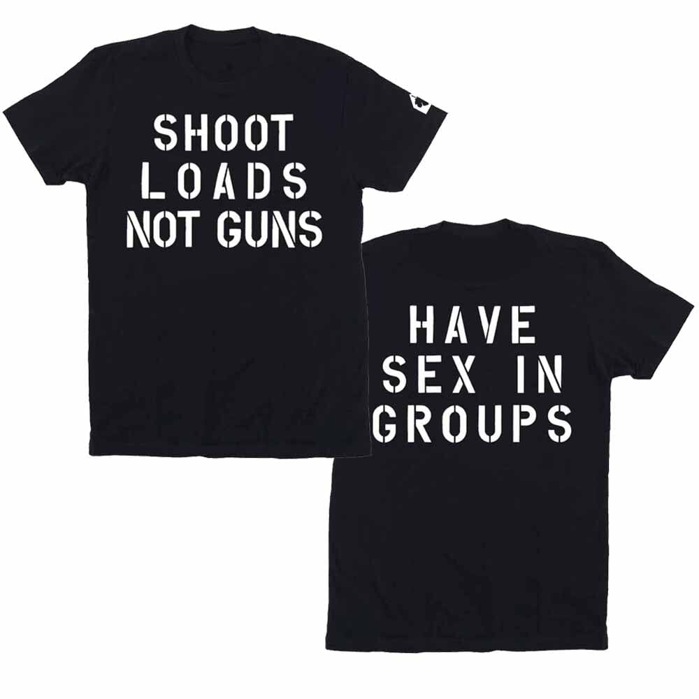 Black t-shirt with shoot loads not guns white text with groups  on back on a white background