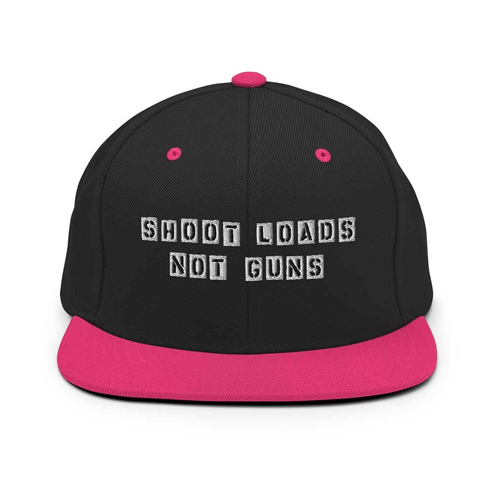 Black and pink cap with 'Shoot Loads Not Guns' text on a white background