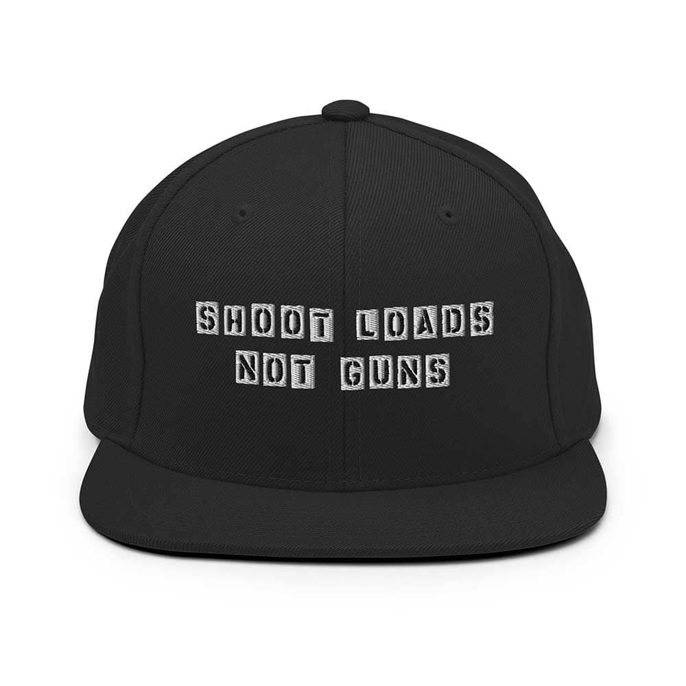 Black cap with 'Shoot Loads Not Guns' text on a white background