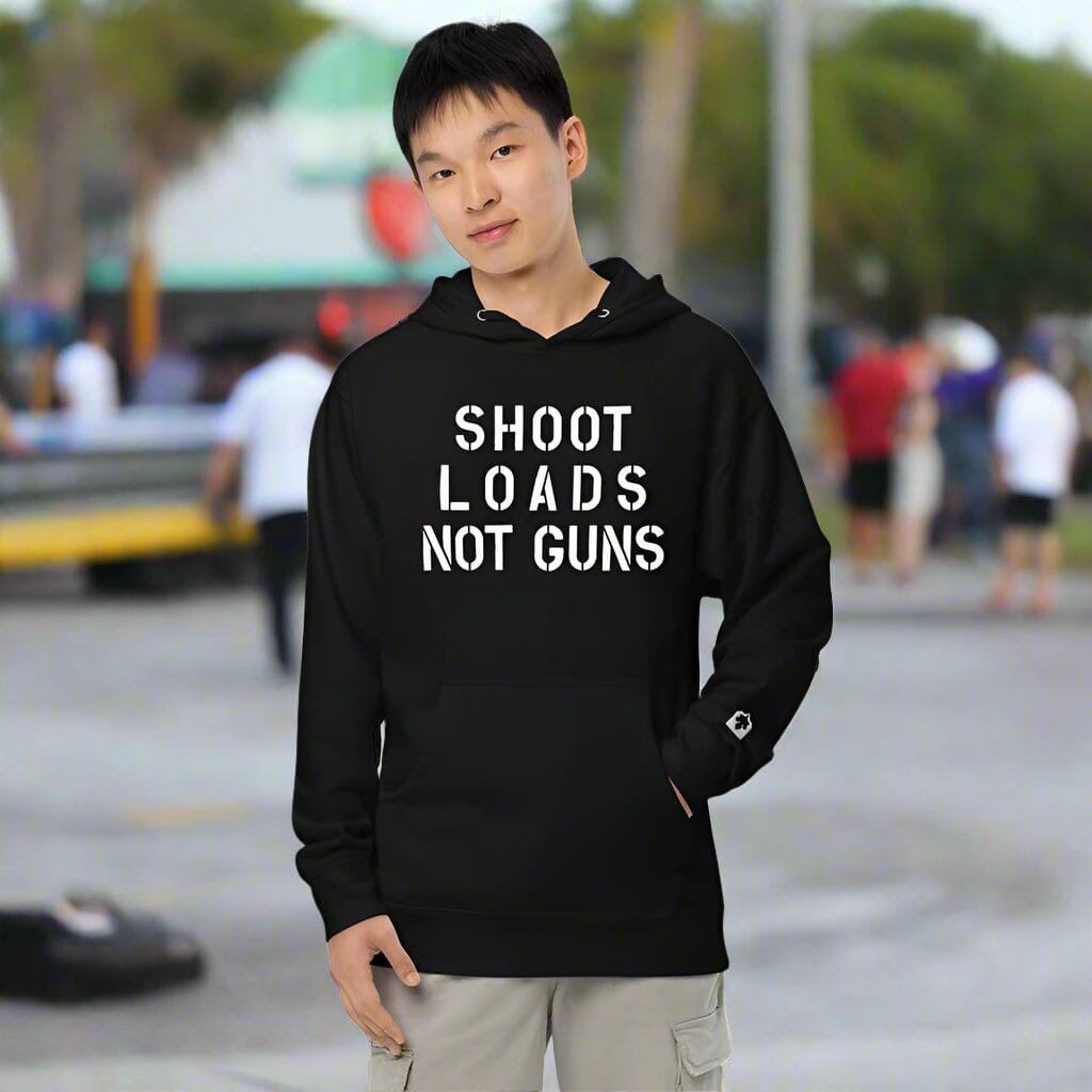 Person wearing a black hoodie with text 'SHOOT LOADS NOT GUNS' on a white background
