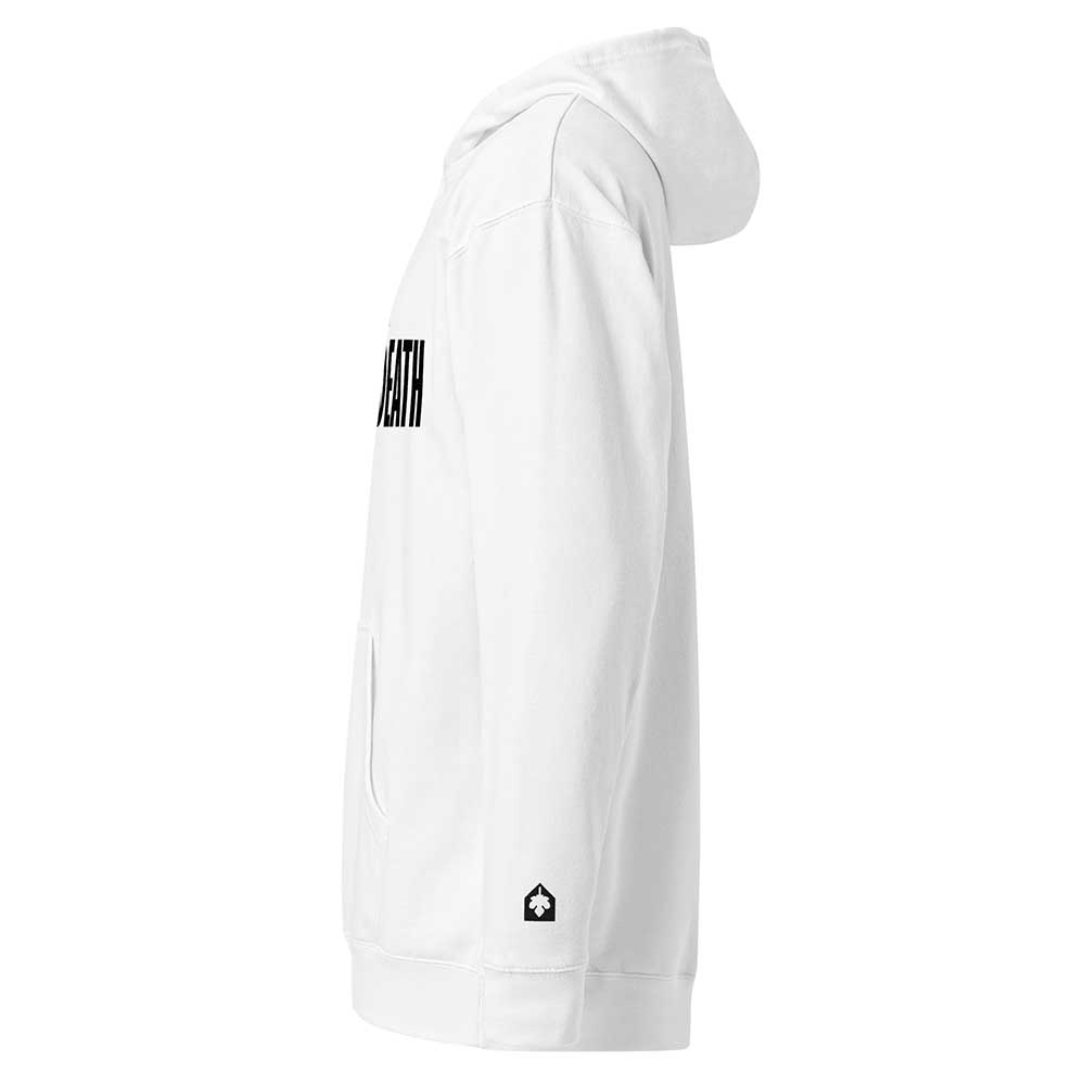 SILENCE = DEATH white hoodie with wrist icon