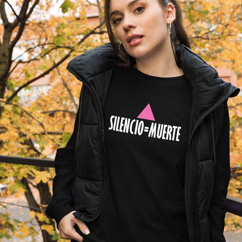 SILENCIO = MUERTE long sleeve black t-shirt on women in fall foliage