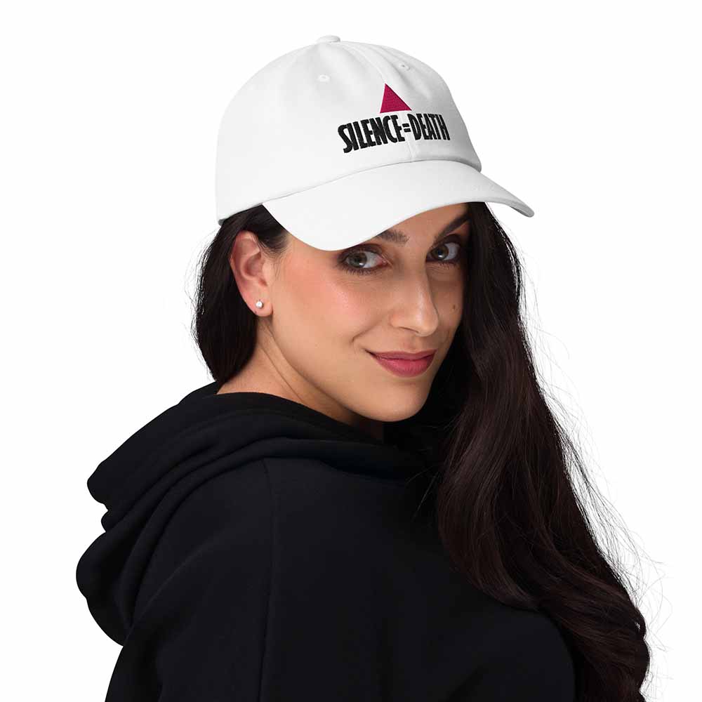 silence equals death white twill dad hat front on woman