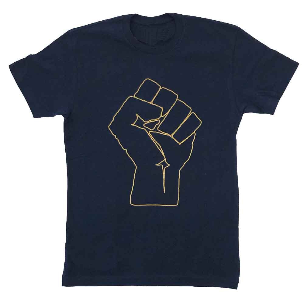 Navy blue t-shirt with a yellow fist graphic on a white background